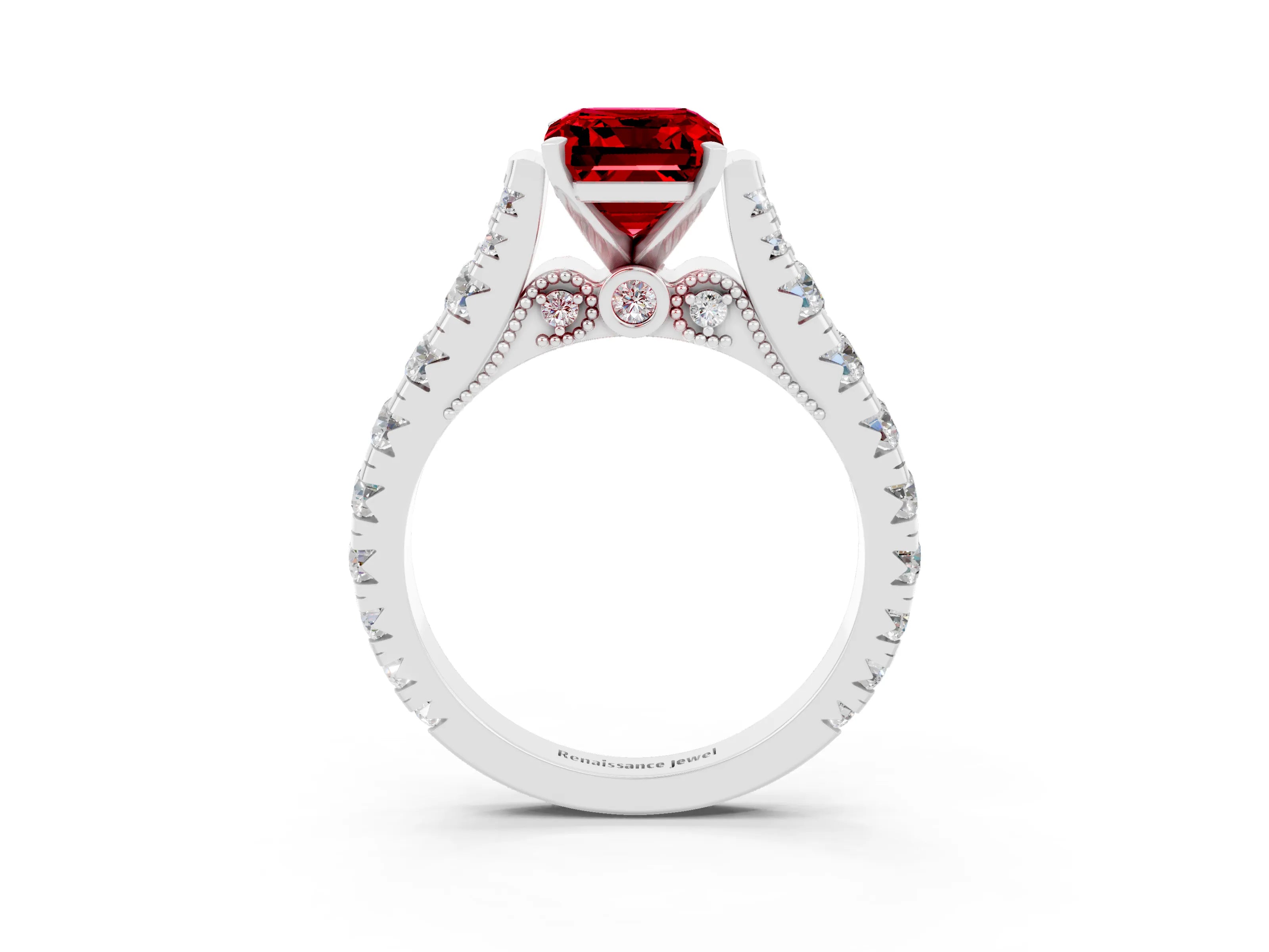 White gold Emerald Cut Ruby Classic Solitaire Ring with Pavé Band and Four-Prong Setting_3