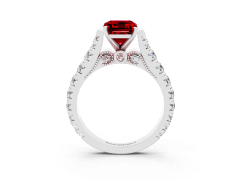 White gold Emerald Cut Ruby Classic Solitaire Ring with Pavé Band and Four-Prong Setting_3