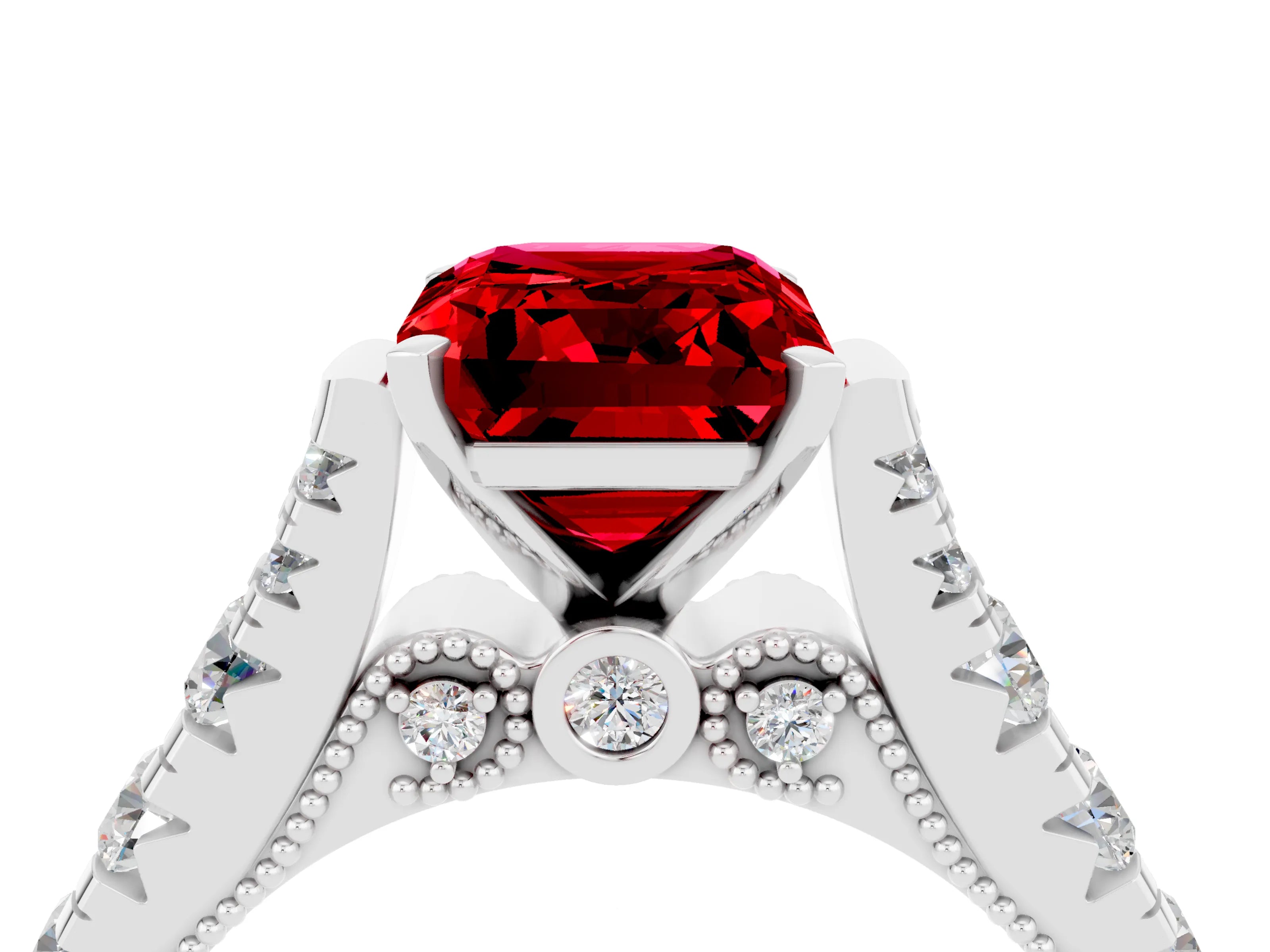 White gold Emerald Cut Ruby Classic Solitaire Ring with Pavé Band and Four-Prong Setting_4