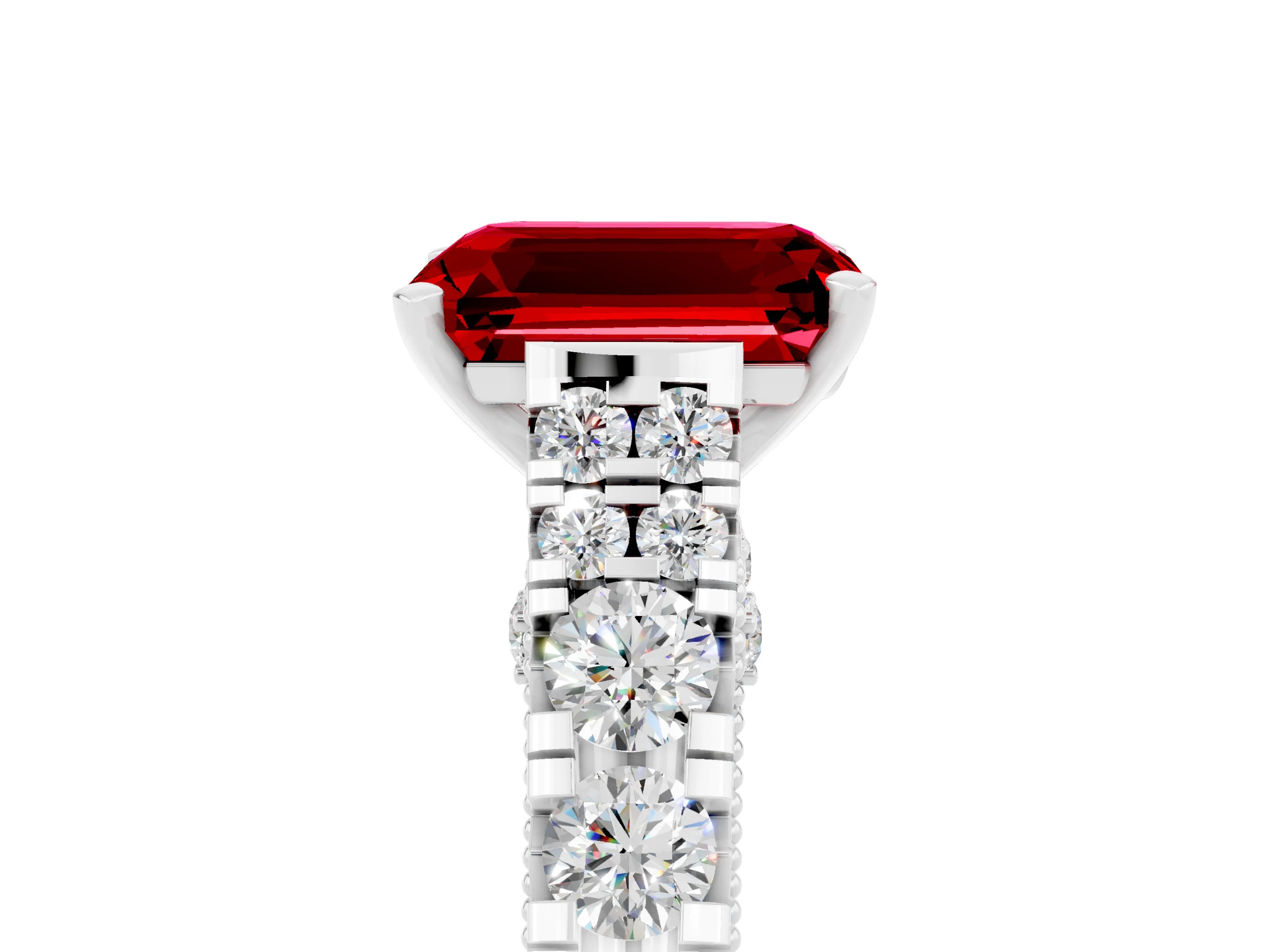 White gold Emerald Cut Ruby Classic Solitaire Ring with Pavé Band and Four-Prong Setting_5