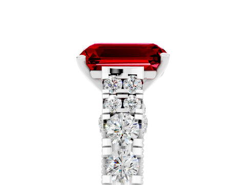 White gold Emerald Cut Ruby Classic Solitaire Ring with Pavé Band and Four-Prong Setting_5