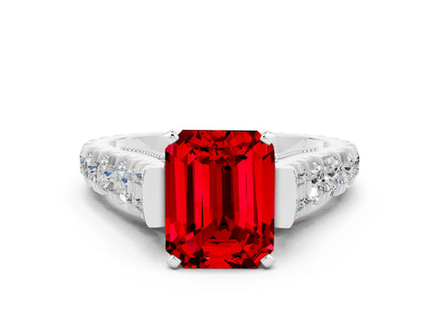 White gold Emerald Cut Ruby Classic Solitaire Ring with Pavé Band and Four-Prong Setting