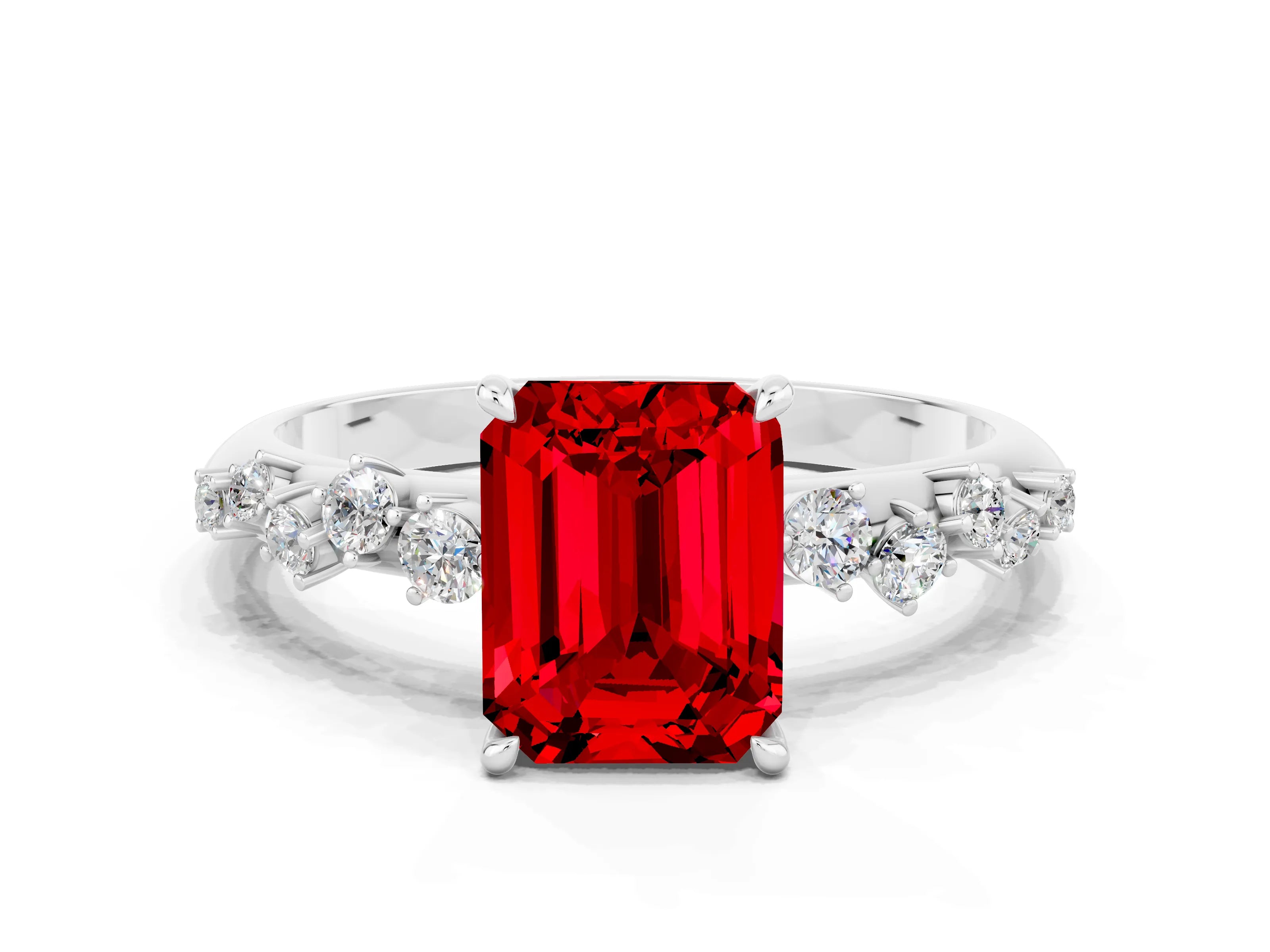 White gold Emerald Cut Ruby Cluster Side Stone Solitaire Ring with Prong Setting_24