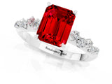 White gold Emerald Cut Ruby Cluster Side Stone Solitaire Ring with Prong Setting_25