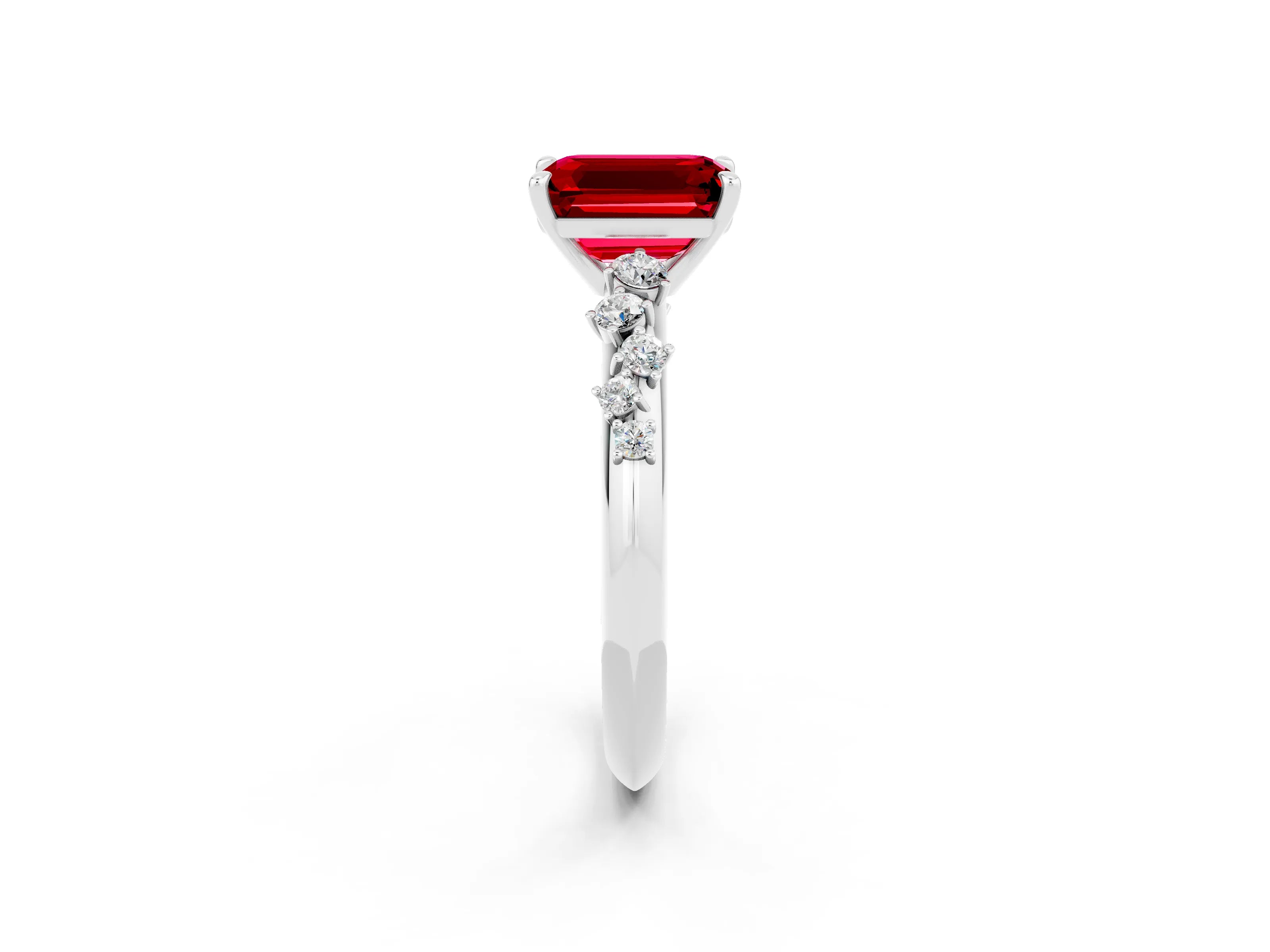 White gold Emerald Cut Ruby Cluster Side Stone Solitaire Ring with Prong Setting_26