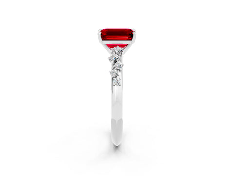 White gold Emerald Cut Ruby Cluster Side Stone Solitaire Ring with Prong Setting_26