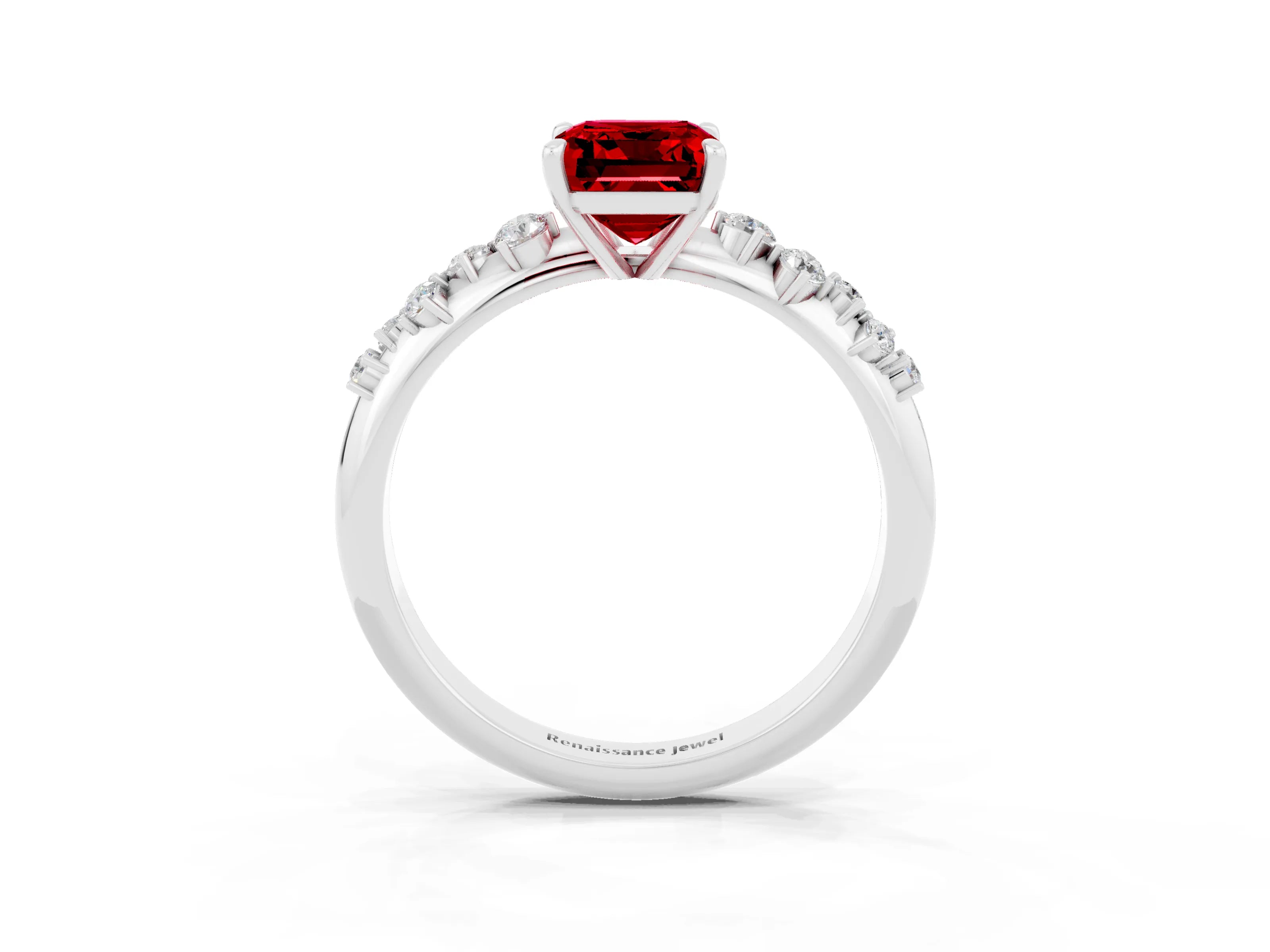 White gold Emerald Cut Ruby Cluster Side Stone Solitaire Ring with Prong Setting_27