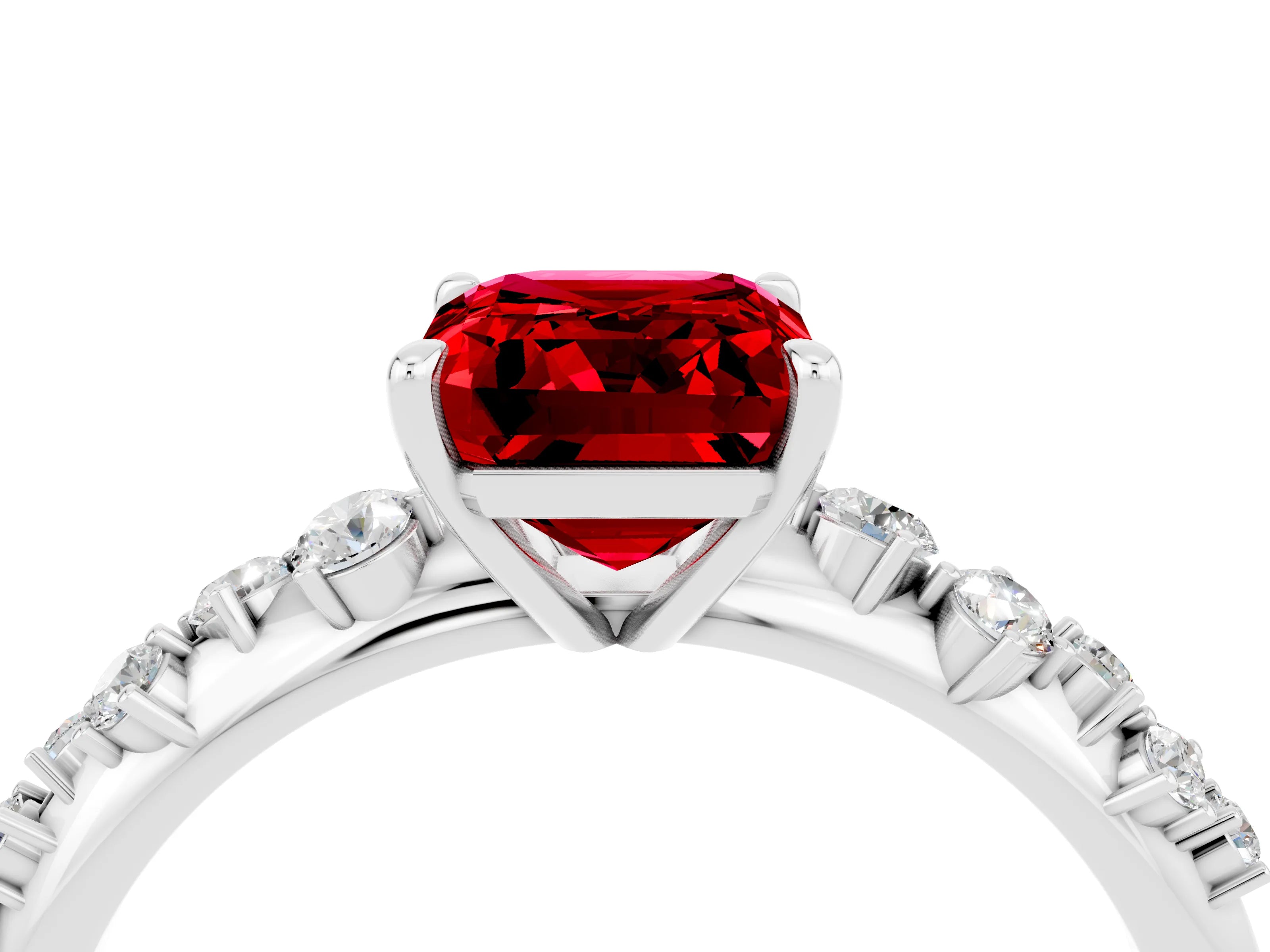 White gold Emerald Cut Ruby Cluster Side Stone Solitaire Ring with Prong Setting_28