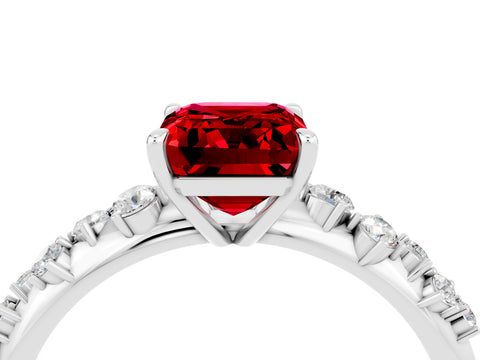 White gold Emerald Cut Ruby Cluster Side Stone Solitaire Ring with Prong Setting_28