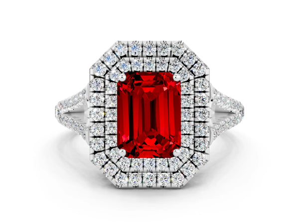 White gold Emerald Cut Ruby Double Halo Ring with Pavé Band and Prong Setting