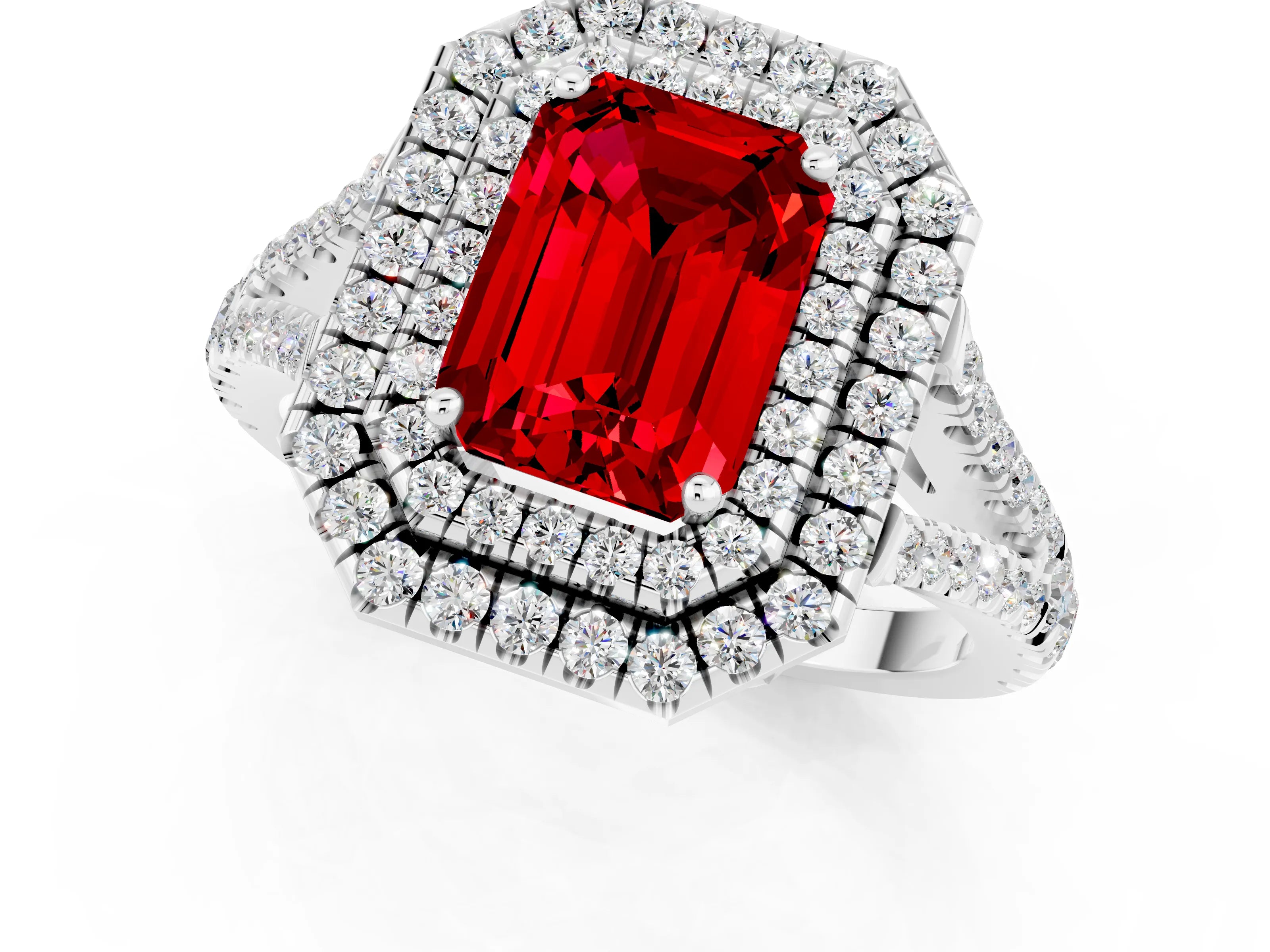White gold Emerald Cut Ruby Double Halo Ring with Pavé Band and Prong Setting_13