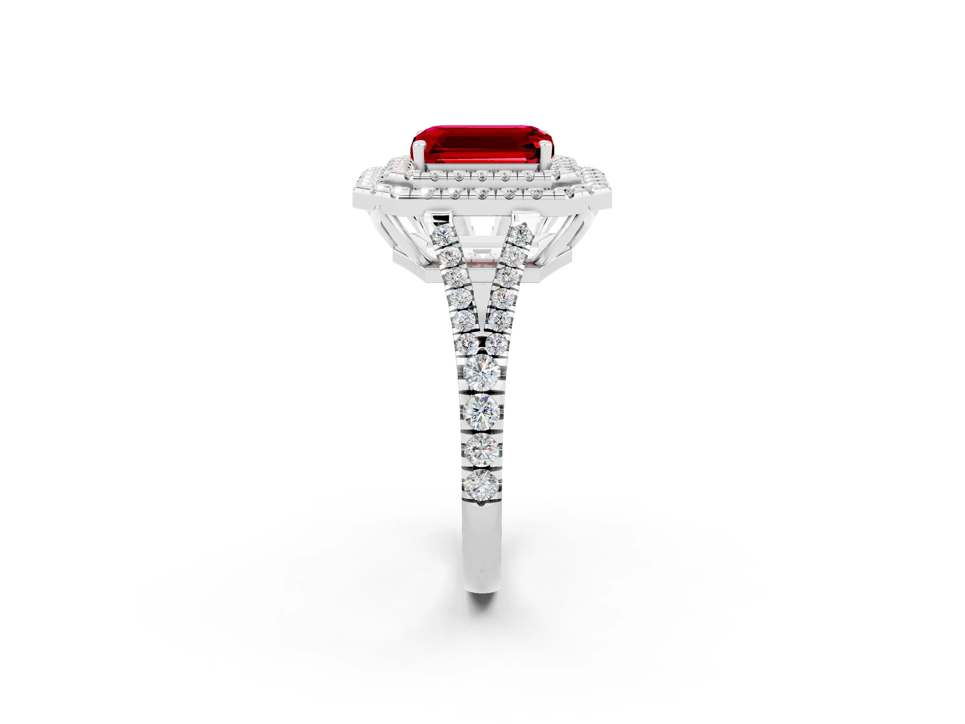 White gold Emerald Cut Ruby Double Halo Ring with Pavé Band and Prong Setting_14