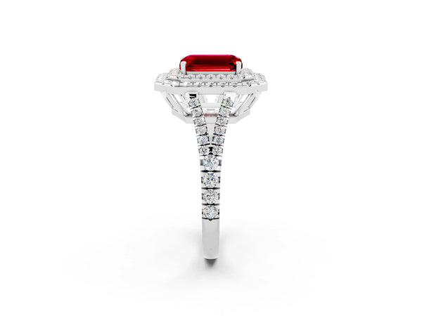 White gold Emerald Cut Ruby Double Halo Ring with Pavé Band and Prong Setting