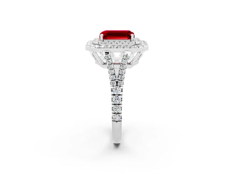 White gold Emerald Cut Ruby Double Halo Ring with Pavé Band and Prong Setting_14