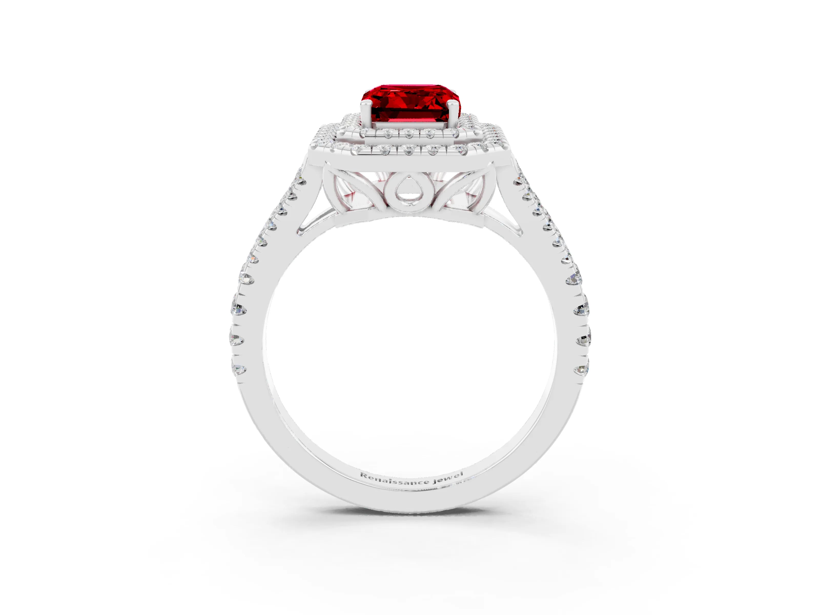 White gold Emerald Cut Ruby Double Halo Ring with Pavé Band and Prong Setting_15