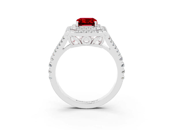 Platinum Emerald Cut Ruby Double Halo Ring with Pavé Band and Prong Setting