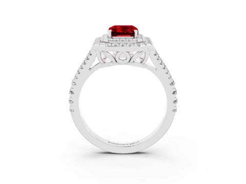 White gold Emerald Cut Ruby Double Halo Ring with Pavé Band and Prong Setting_15