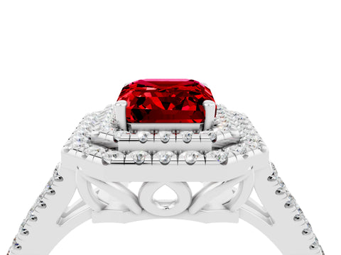 White gold Emerald Cut Ruby Double Halo Ring with Pavé Band and Prong Setting_16