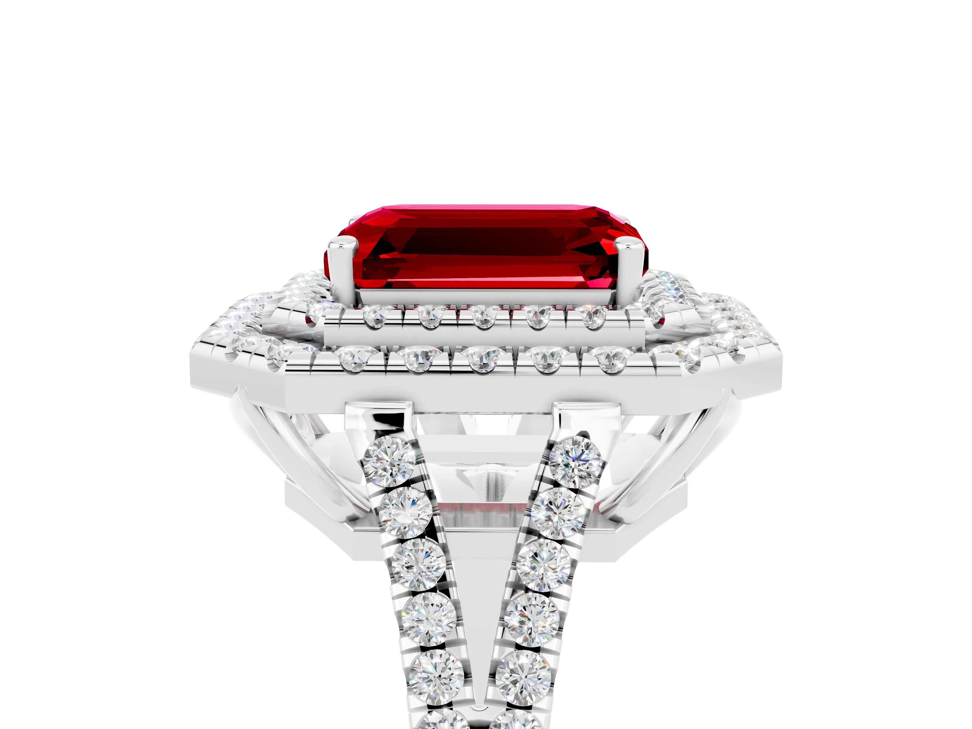 White gold Emerald Cut Ruby Double Halo Ring with Pavé Band and Prong Setting_17