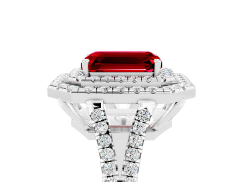 White gold Emerald Cut Ruby Double Halo Ring with Pavé Band and Prong Setting_17