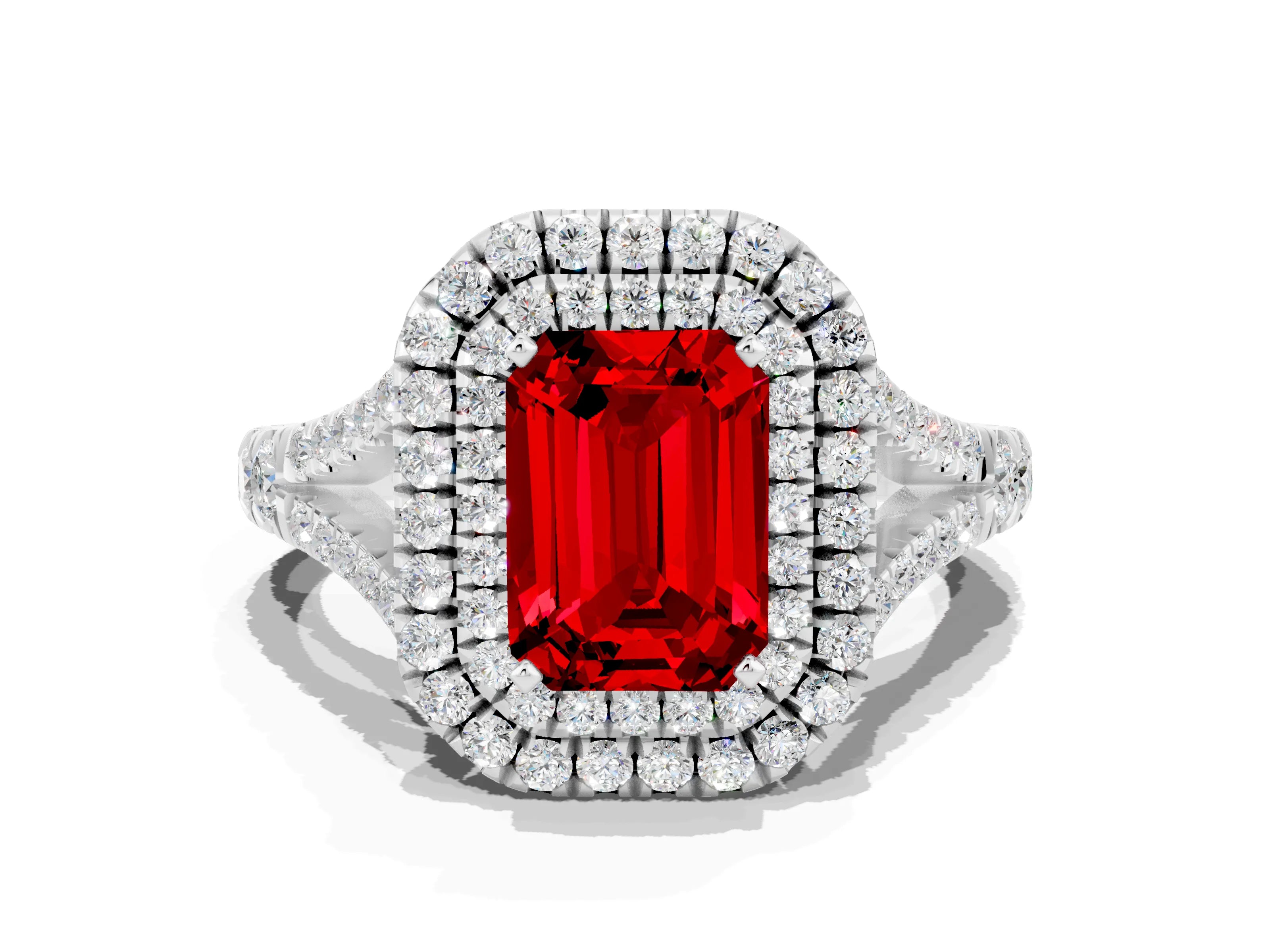 White gold Emerald Cut Ruby Double Halo Ring with Split Shank and Prong Setting_12