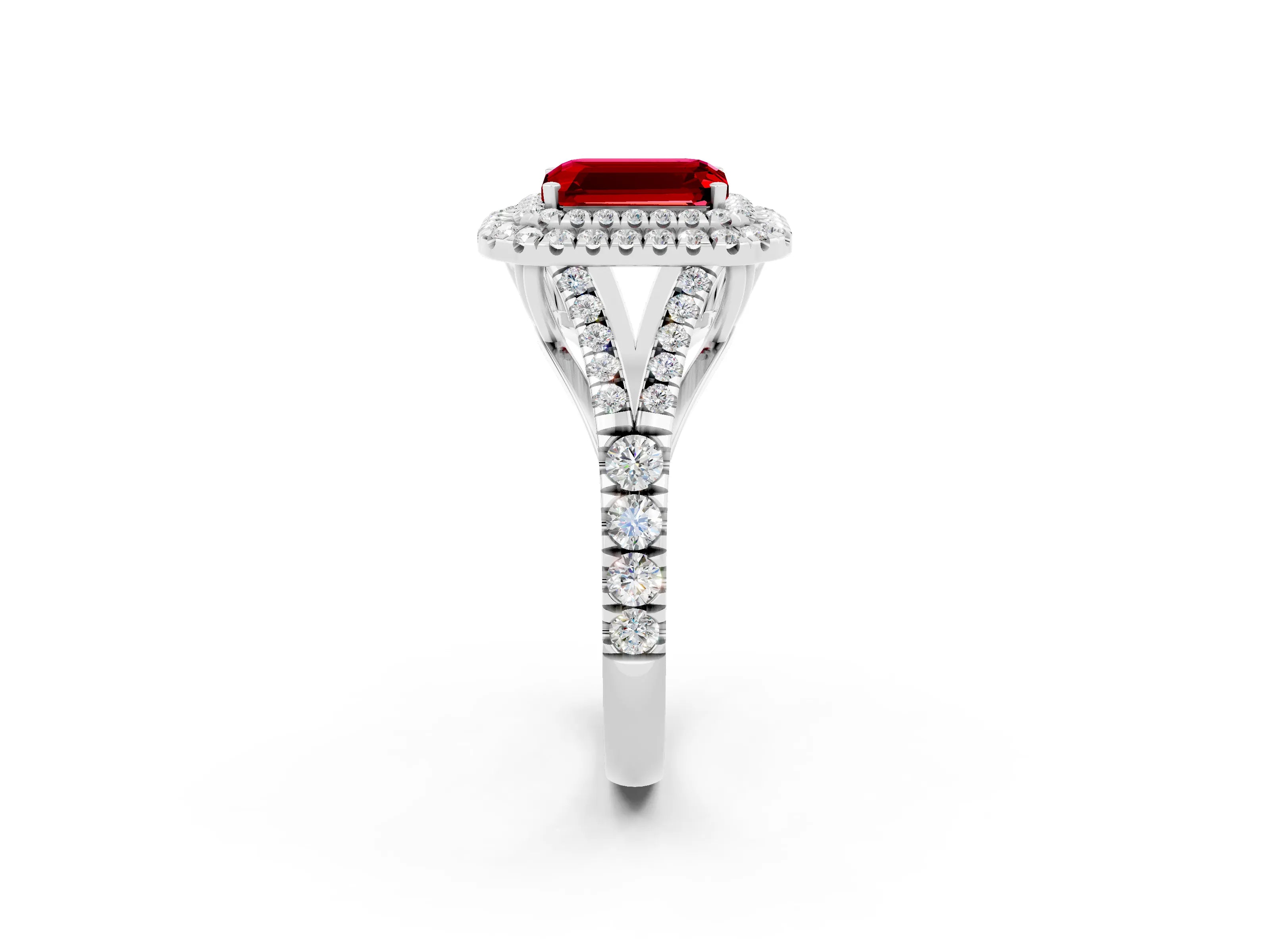 White gold Emerald Cut Ruby Double Halo Ring with Split Shank and Prong Setting_14
