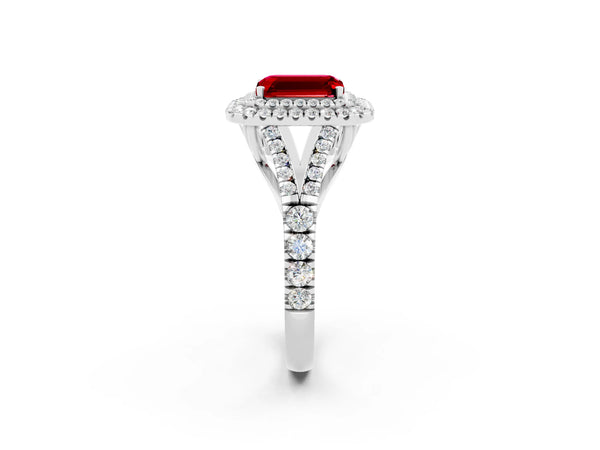 Silver Emerald Cut Ruby Double Halo Ring with Split Shank and Prong Setting