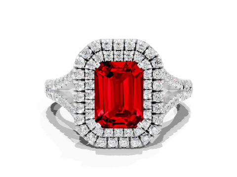 White gold Emerald Cut Ruby Double Halo Ring with Split Shank and Prong Setting_24