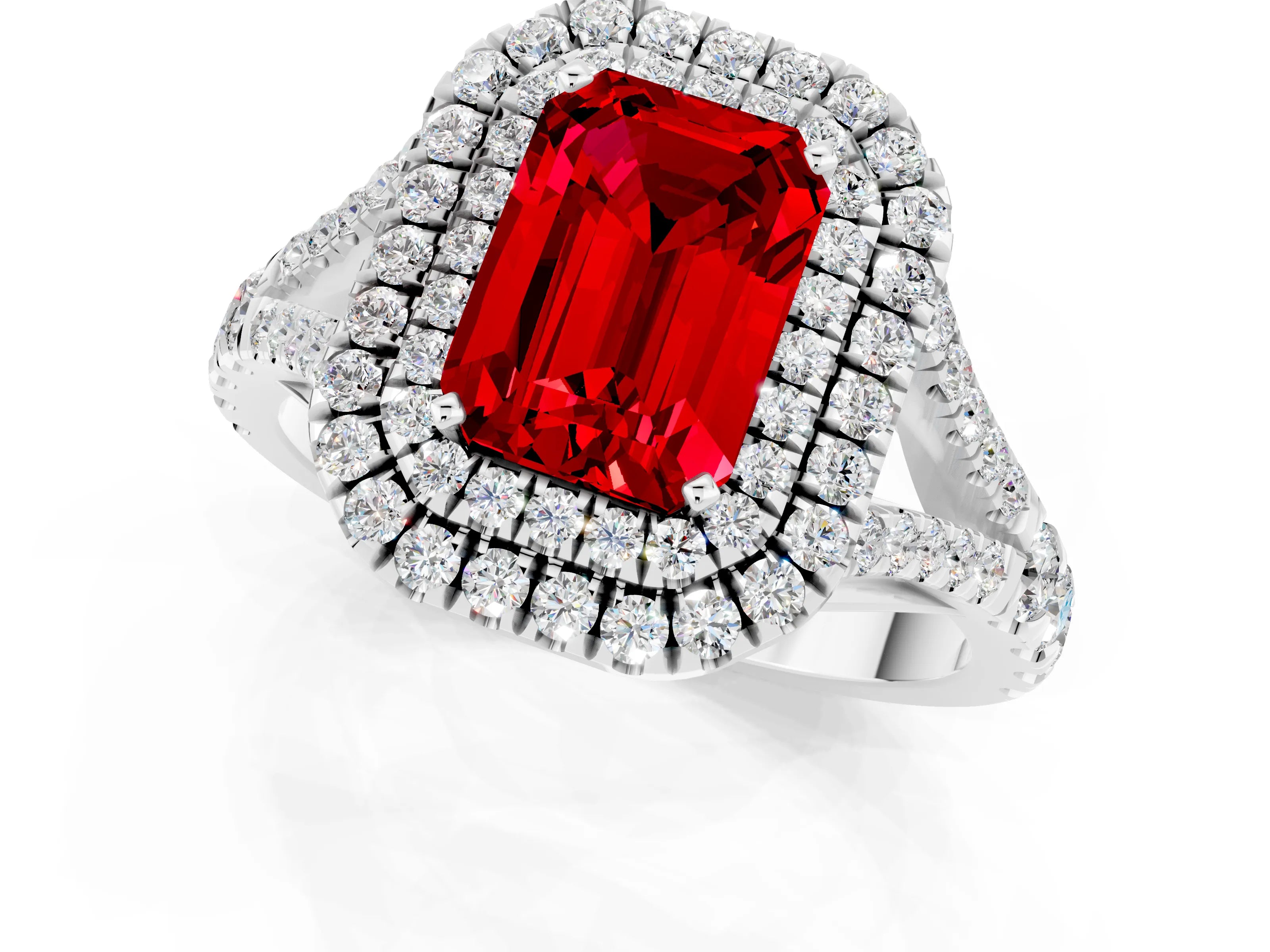 White gold Emerald Cut Ruby Double Halo Ring with Split Shank and Prong Setting_25