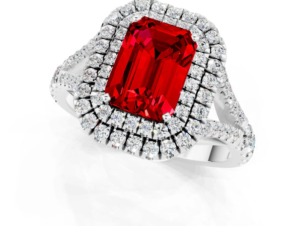 White gold Emerald Cut Ruby Double Halo Ring with Split Shank and Prong Setting
