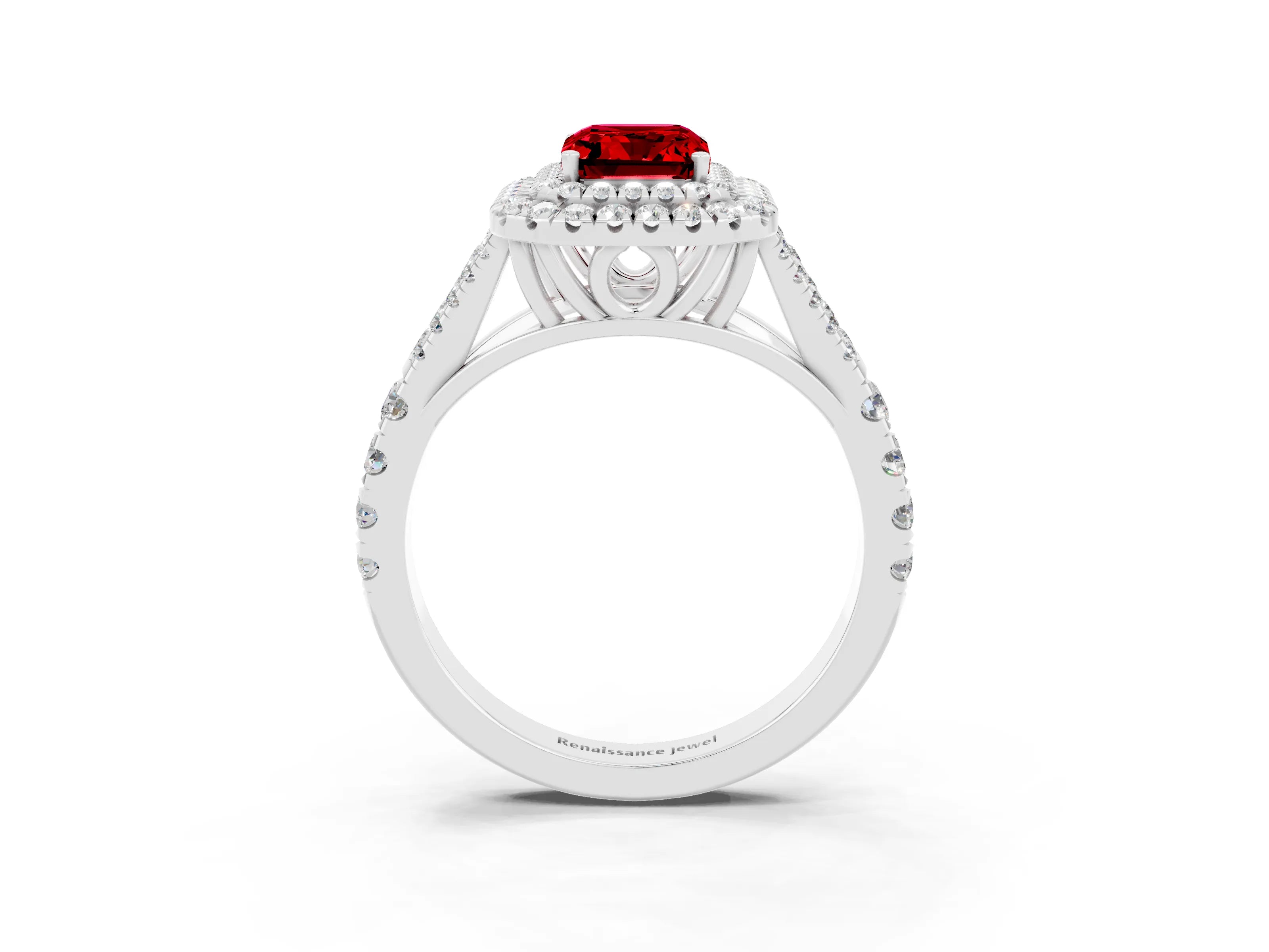 White gold Emerald Cut Ruby Double Halo Ring with Split Shank and Prong Setting_27