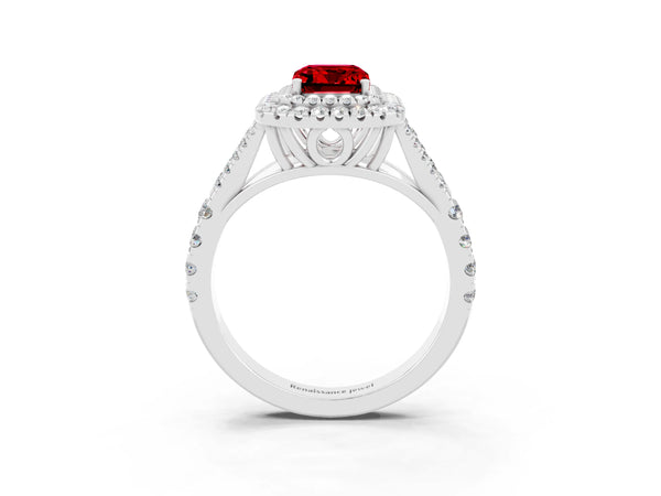 White gold Emerald Cut Ruby Double Halo Ring with Split Shank and Prong Setting