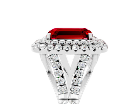 White gold Emerald Cut Ruby Double Halo Ring with Split Shank and Prong Setting_29