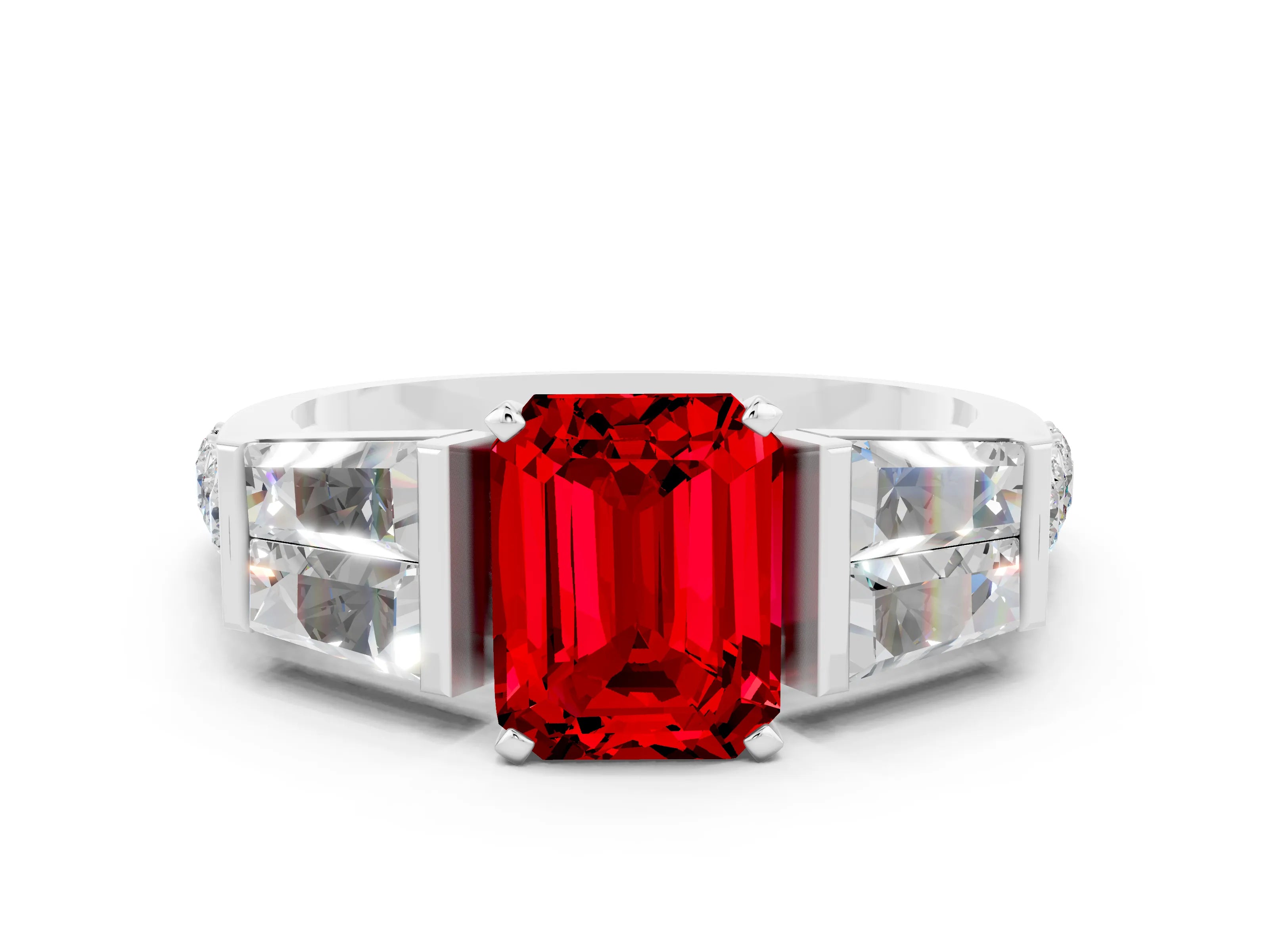 White gold Emerald Cut Ruby Engagement Ring with Baguette Side Stones and Channel Set Band