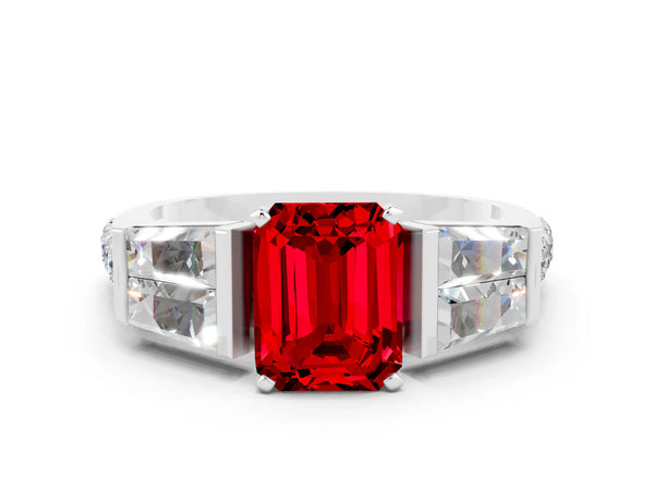 Silver Emerald Cut Ruby Engagement Ring with Baguette Side Stones and Channel Set Band