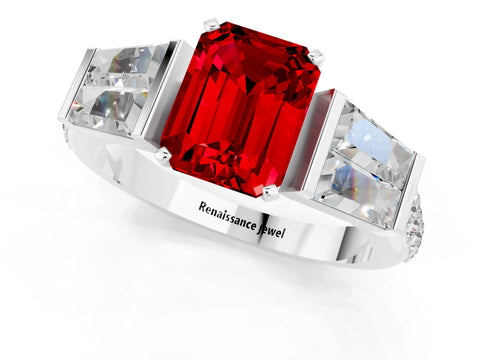 White gold Emerald Cut Ruby Engagement Ring with Baguette Side Stones and Channel Set Band_1