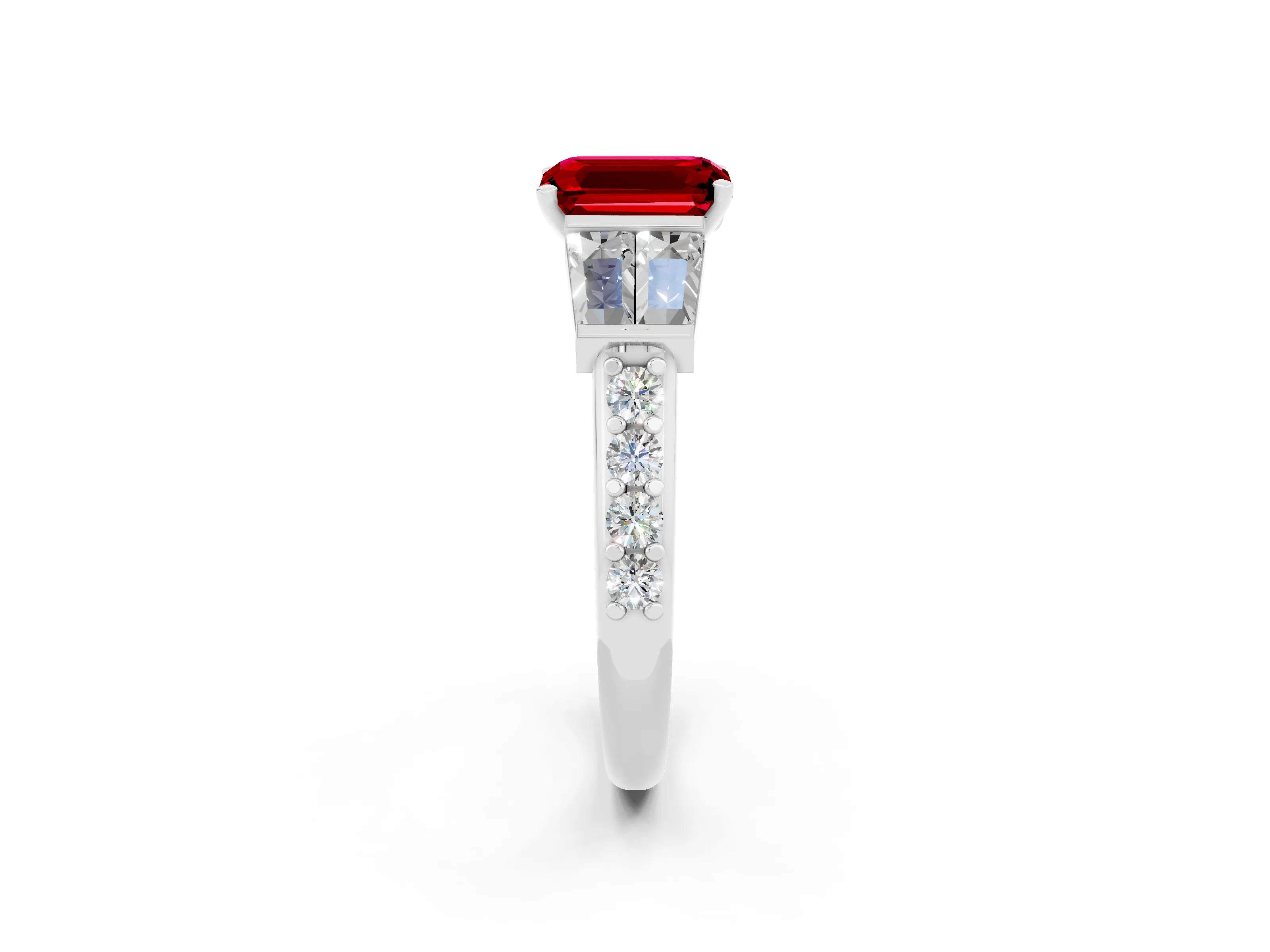 White gold Emerald Cut Ruby Engagement Ring with Baguette Side Stones and Channel Set Band_2