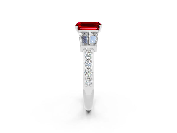 Silver Emerald Cut Ruby Engagement Ring with Baguette Side Stones and Channel Set Band