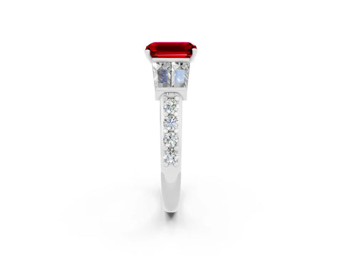 White gold Emerald Cut Ruby Engagement Ring with Baguette Side Stones and Channel Set Band_2