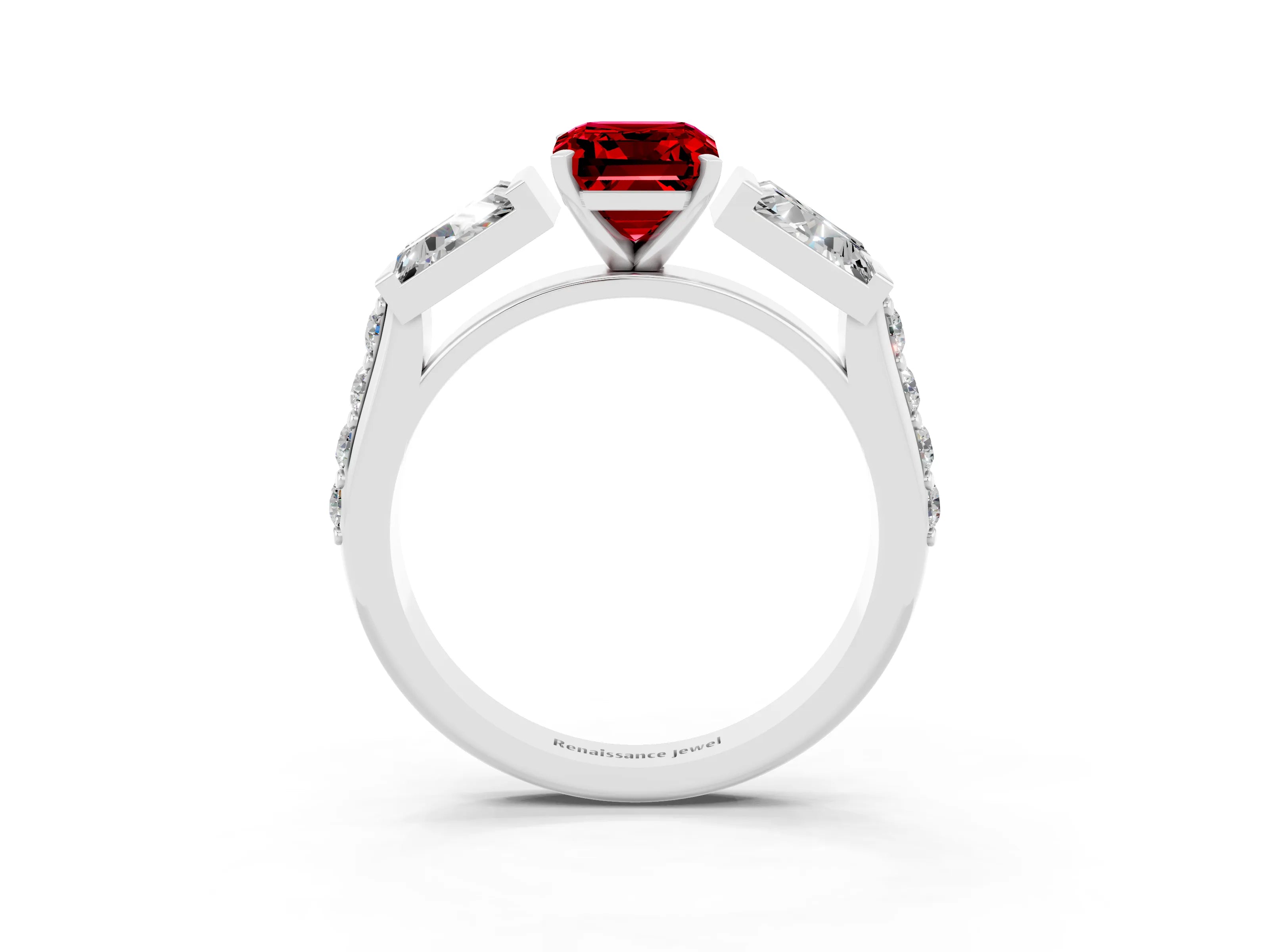 White gold Emerald Cut Ruby Engagement Ring with Baguette Side Stones and Channel Set Band_3
