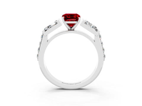 White gold Emerald Cut Ruby Engagement Ring with Baguette Side Stones and Channel Set Band_3