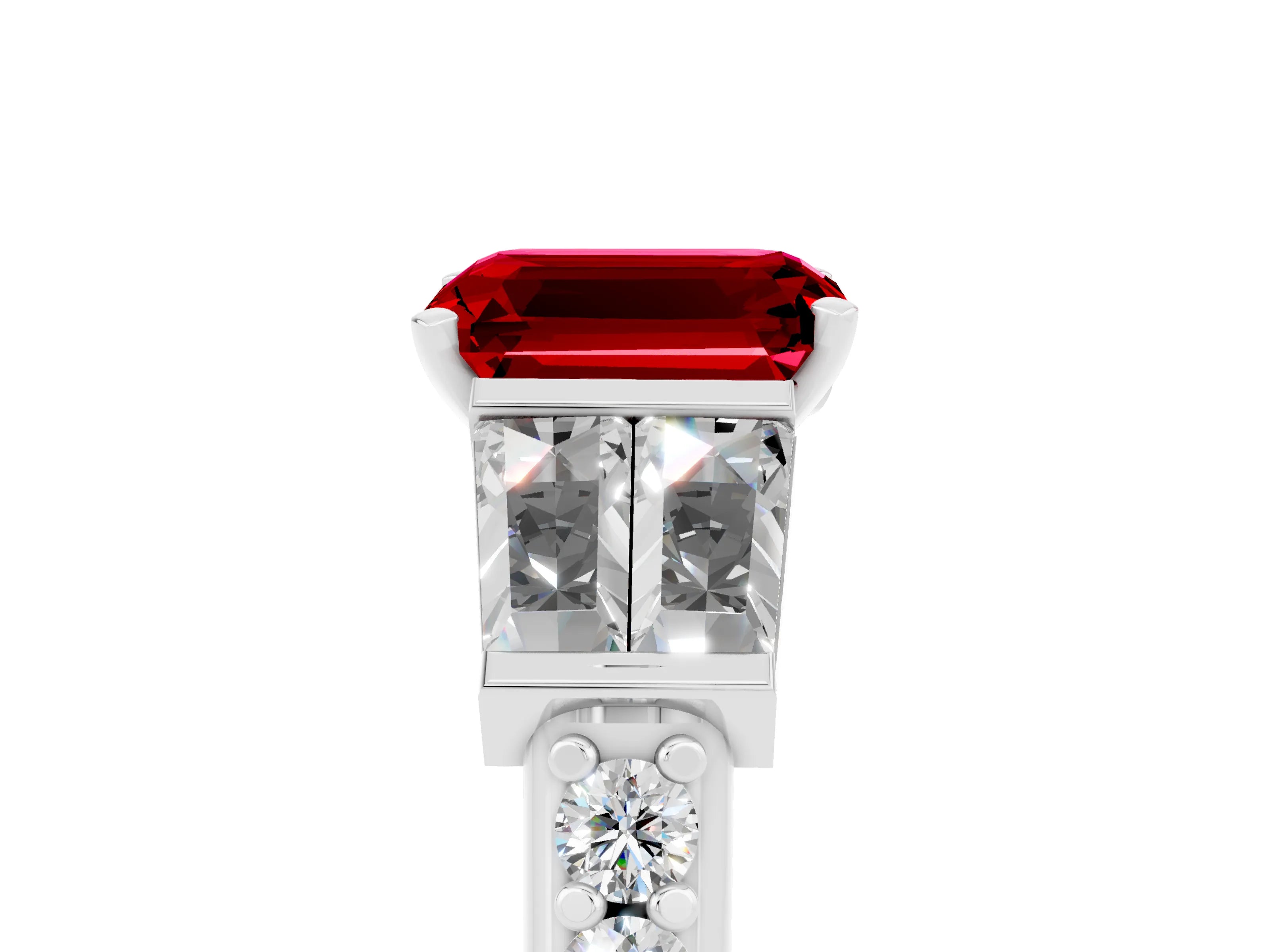 White gold Emerald Cut Ruby Engagement Ring with Baguette Side Stones and Channel Set Band_5