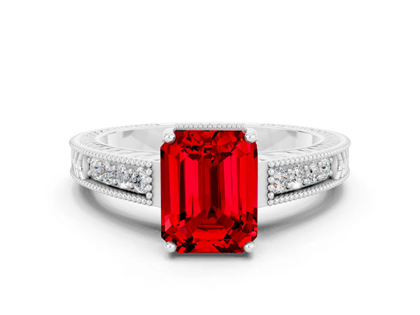 Platinum Emerald Cut Ruby Engagement Ring with Milgrain Channel Set Band and Prong Setting