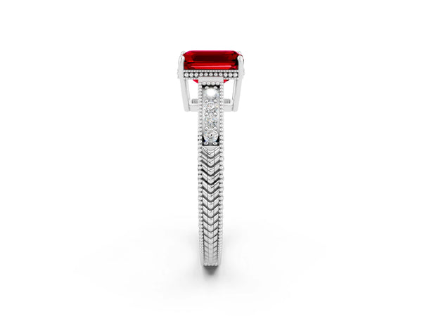 Platinum Emerald Cut Ruby Engagement Ring with Milgrain Channel Set Band and Prong Setting