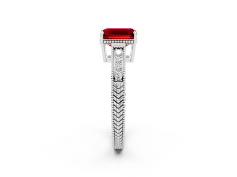 White gold Emerald Cut Ruby Engagement Ring with Milgrain Channel Set Band and Prong Setting_2