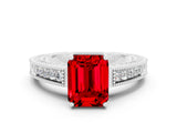 White gold Emerald Cut Ruby Engagement Ring with Milgrain Channel Set Band and Prong Setting
