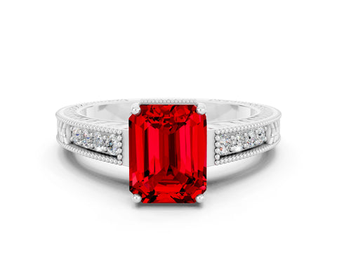 White gold Emerald Cut Ruby Engagement Ring with Milgrain Channel Set Band and Prong Setting
