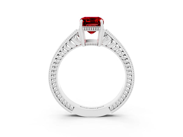 White gold Emerald Cut Ruby Engagement Ring with Milgrain Channel Set Band and Prong Setting
