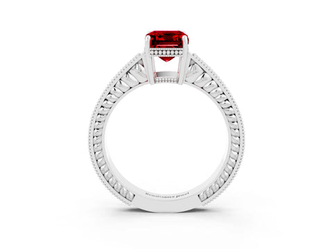 White gold Emerald Cut Ruby Engagement Ring with Milgrain Channel Set Band and Prong Setting_3
