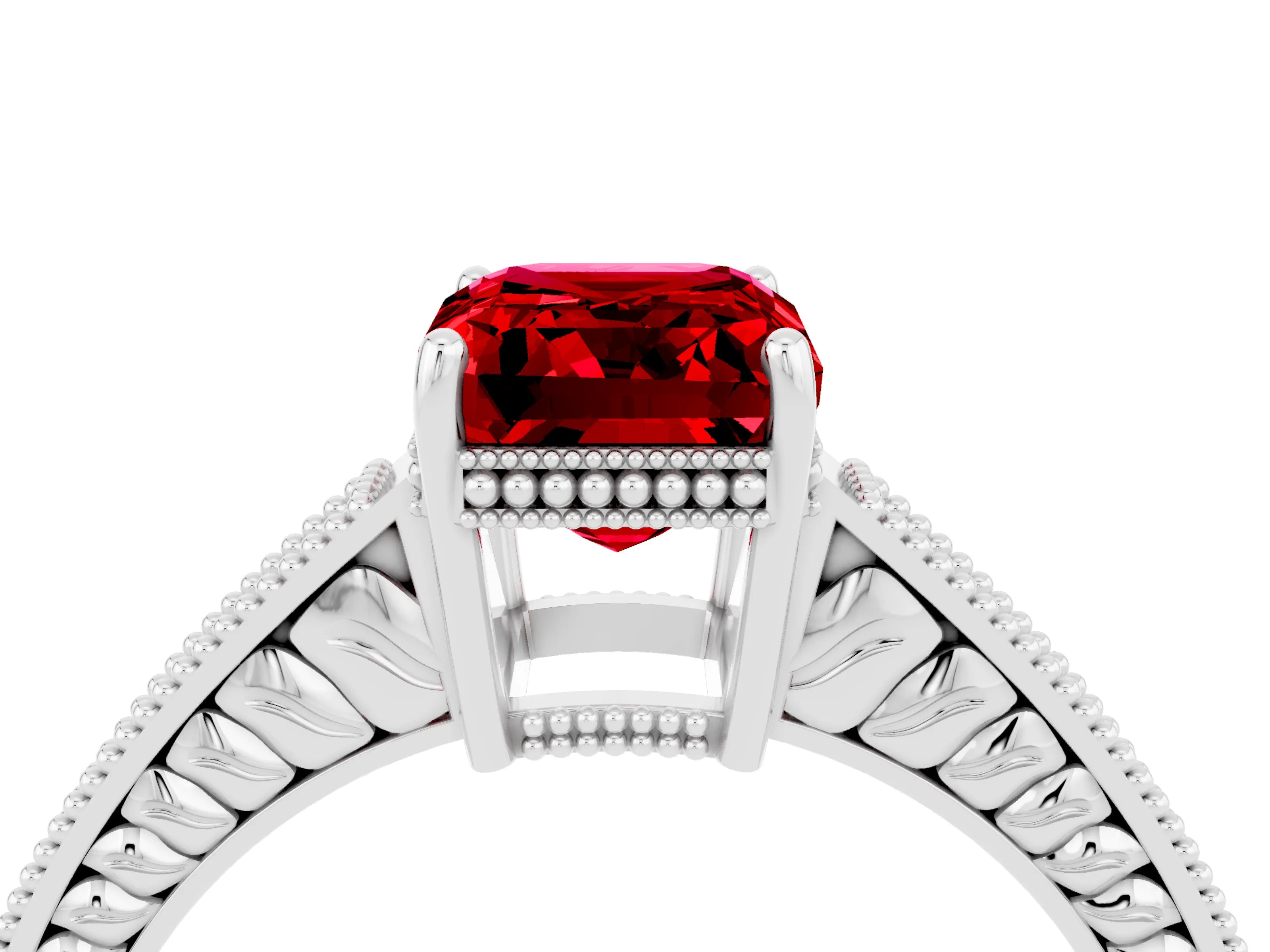 White gold Emerald Cut Ruby Engagement Ring with Milgrain Channel Set Band and Prong Setting_4